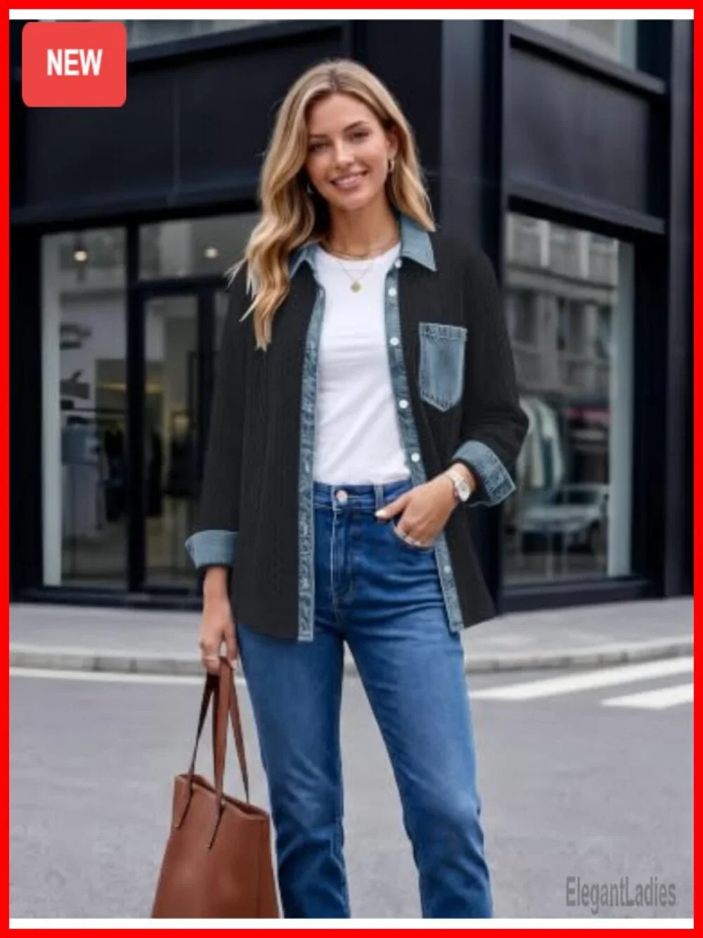 Denim Patchwork Shacket Button Down Loose Long Sleeve Jacket Women Fall Casual